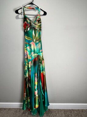 Tony Bowls Paris Gown Vibrant Tropical Flower beaded Resort halter slit size 2